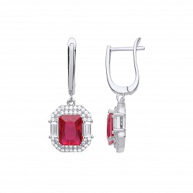 Silver Rhodium Plated CZ & Ruby Fancy Drop Earrings