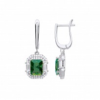 Silver Rhodium Plated CZ & Emerald Fancy Drop Earrings