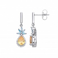 925 Sterling Silver CZ, Citrine & Aqua Blue Flower & Pear Drop Earrings