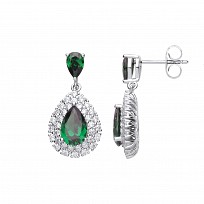 925 Sterling Silver CZ & Emerald Fancy Pear Drop Earrings