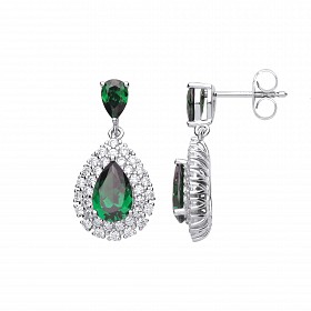 925 Sterling Silver CZ & Emerald Fancy Pear Drop Earrings