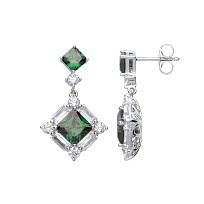 925 Sterling Silver CZ & Emerald Claw & Channel Set Drop Earrings