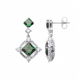 925 Sterling Silver CZ & Emerald Claw & Channel Set Drop Earrings