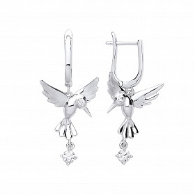 925 Sterling Silver Bird Drop Earrings With A Dangling Single CZ Stone