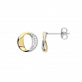 925 Sterling Silver & Gold Plated CZ Interlocking Circle Stud Earrings