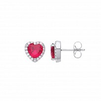 925 Sterling Silver CZ & Ruby Heart Stud Earrings