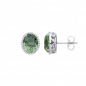 925 Sterling Silver CZ & Light Olive Stone Stone Stud Earrings