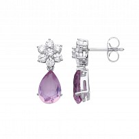 925 Sterling Silver CZ & Amethyst Flower Pear Drop Earrings