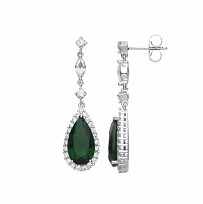 925 Sterling Silver CZ & Emerald Pear Drop Dangling Earrings