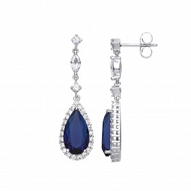925 Sterling Silver CZ & Sapphire Pear Drop Dangling Earrings