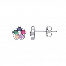 925 Sterling Silver Multi Colour CZ Flower Stud Earrings