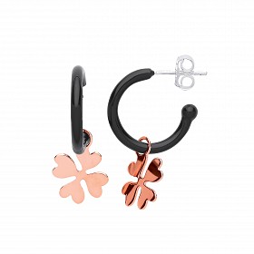 925 Sterling Silver Black Enamel Hoops With Rose Gold Plated Clover Charm