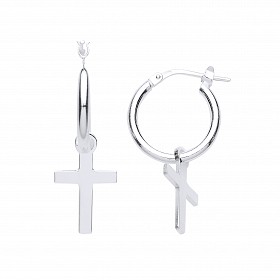 925 Sterling Silver Hoops With Dangling Cross
