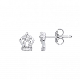 925 Sterling Silver CZ Princess Crown Stud Earrings