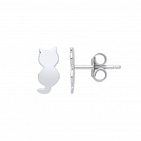 Silver Polished Cat Stud Earrings