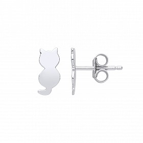 Silver Polished Cat Stud Earrings
