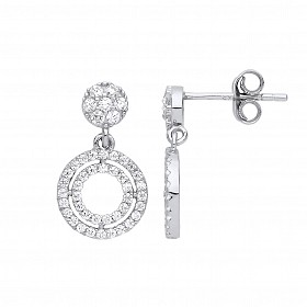 Silver CZ Double Circle Drop Earrings