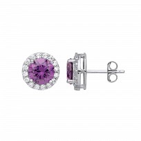 925 Sterling Silver CZ & Amethyst Round Stud Earrings
