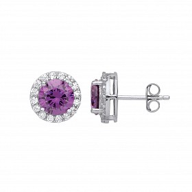 925 Sterling Silver CZ & Amethyst Round Stud Earrings