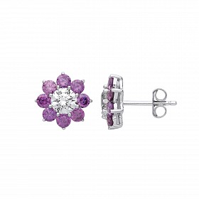 925 Sterling Silver CZ & Amethyst Flower Stud Earrings