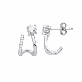 925 Sterling Silver CZ Two Row Curve Drop Earrings