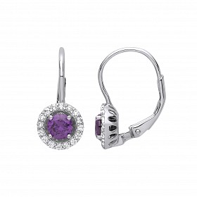 925 Sterling Silver CZ & Amethyst Round Drop Earrings