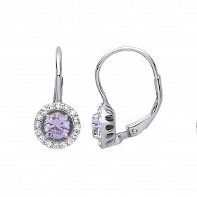 925 Sterling Silver CZ & Violet Round Drop Earrings