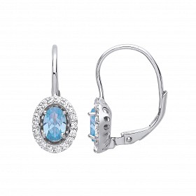 925 Sterling Silver CZ & Aquamarine Halo Oval Drop Earrings