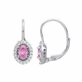 Silver CZ & Pink Halo Oval Drop Earrings