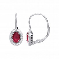Silver CZ & Ruby Halo Oval Drop Earrings
