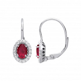 Silver CZ & Ruby Halo Oval Drop Earrings
