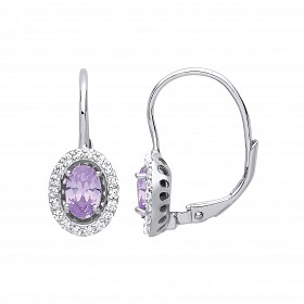 925 Sterling Silver CZ & Violet Halo Oval Drop Earrings