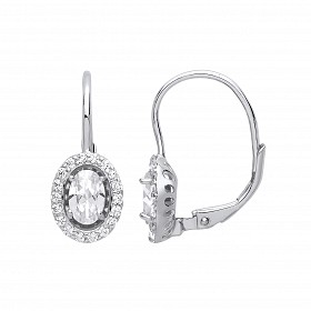 Silver Cubic Zirconia Halo Oval Drop Earrings