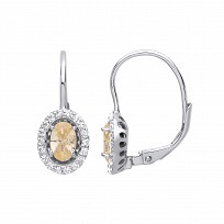 925 Sterling Silver CZ & Yellow Citrine Halo Oval Drop Earrings