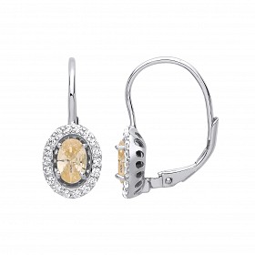 925 Sterling Silver CZ & Yellow Citrine Halo Oval Drop Earrings
