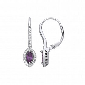 925 Sterling Silver CZ & Amethyst Pointed Oval Drop Earrings