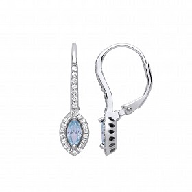 925 Sterling Silver CZ & Aquamarine Pointed Oval Drop Earrings
