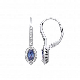 925 Sterling Silver CZ & Capri Blue Pointed Oval Drop Earrings