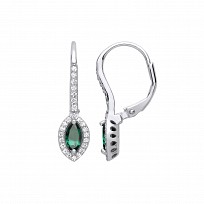 Silver CZ & Emerald Pointed Oval Drop Earrings