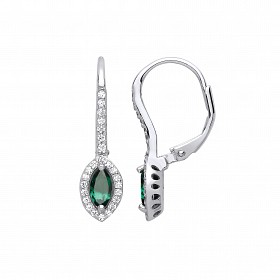 Silver CZ & Emerald Pointed Oval Drop Earrings