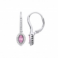Silver CZ & Pink Pointed Oval Drop Earrings