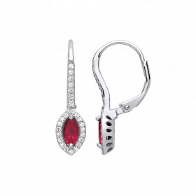 Silver CZ & Ruby Pointed Oval Drop Earrings
