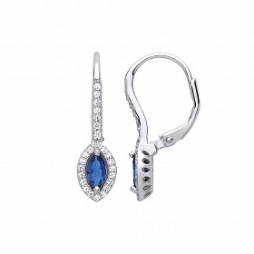 925 Sterling Silver CZ & Sapphire Pointed Oval Drop Earrings