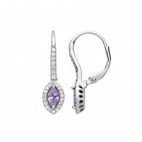 925 Sterling Silver CZ & Violet Pointed Oval Drop Earrings