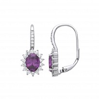 925 Sterling Silver CZ & Amethyst Cluster Oval Drop Earrings