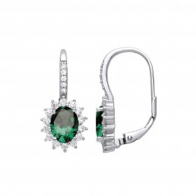Silver CZ & Emerald Cluster Oval Drop Earrings