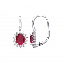 Silver CZ & Ruby Cluster Oval Drop Earrings
