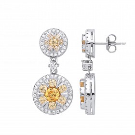Silver CZ & Yellow Tourmaline Round Drop Earrings