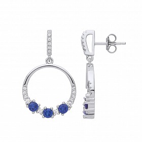 Silver CZ & Sapphire Circle Drop Earrings