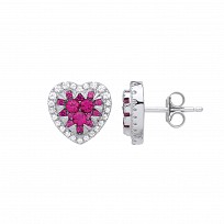 Silver CZ & Ruby Pave SetHeart Stud Earrings